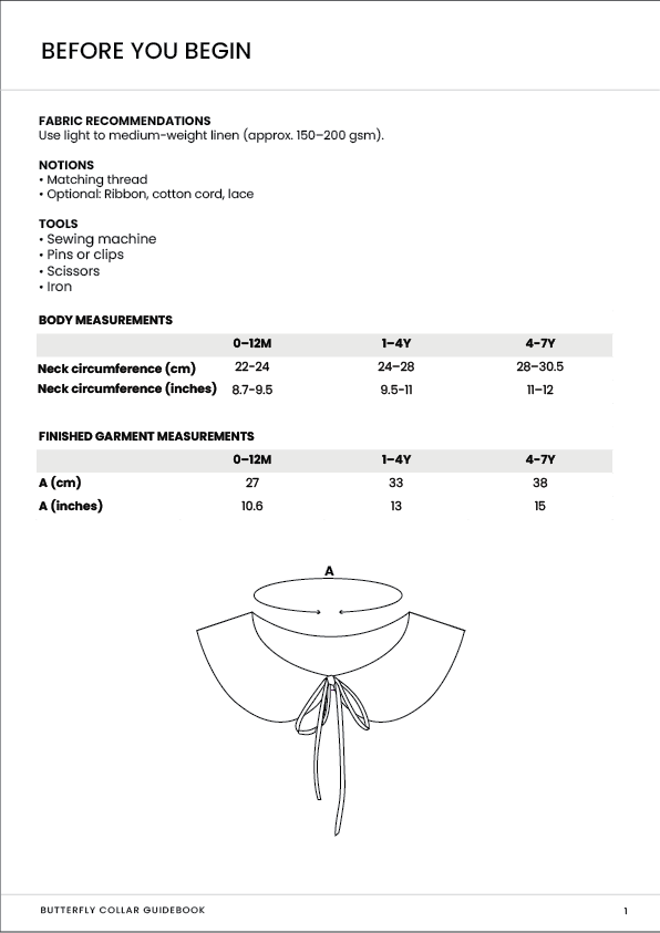Butterfly collar guiderbook with fabric recommendations, notions, tools, body measurements, and finished garment measurements.