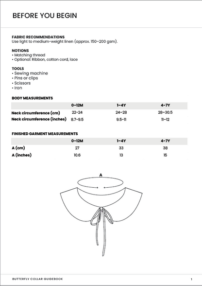 Butterfly collar guiderbook with fabric recommendations, notions, tools, body measurements, and finished garment measurements.