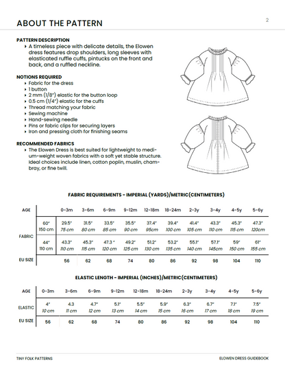 Pattern description and fabric requirements for a dress on a white background