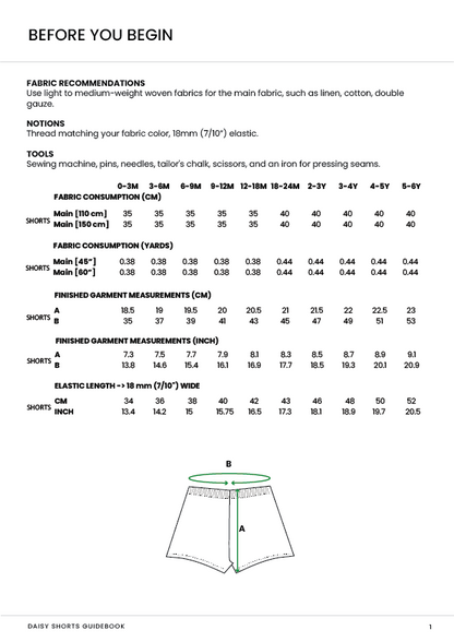 Fabric recommendations, notions, tools, and garment measurements for Daisy shorts on a white background.