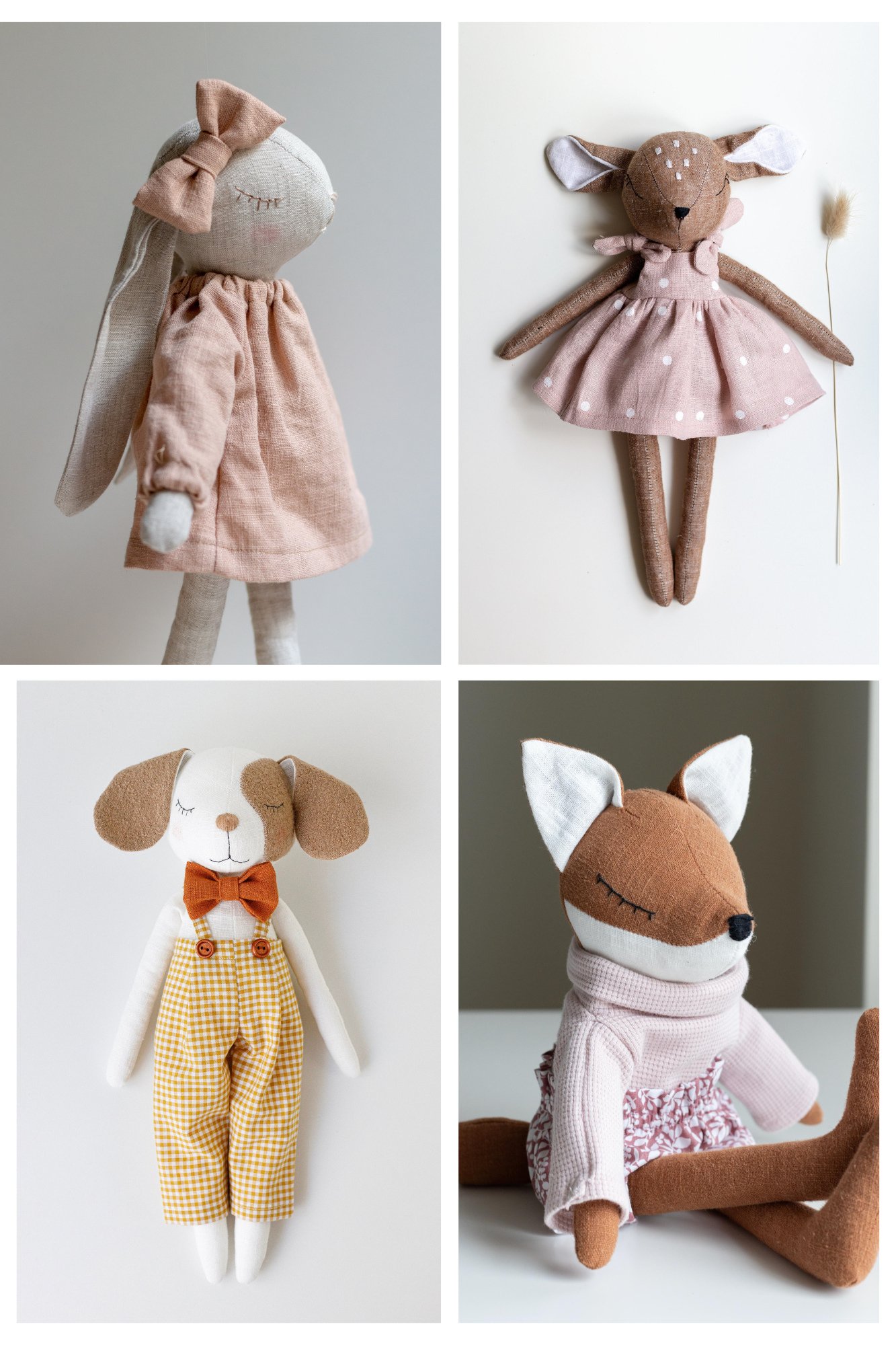 Four stuffed animals in different poses on a white background