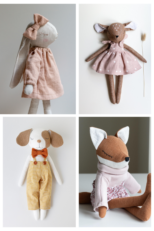 Four stuffed animals in different poses on a white background