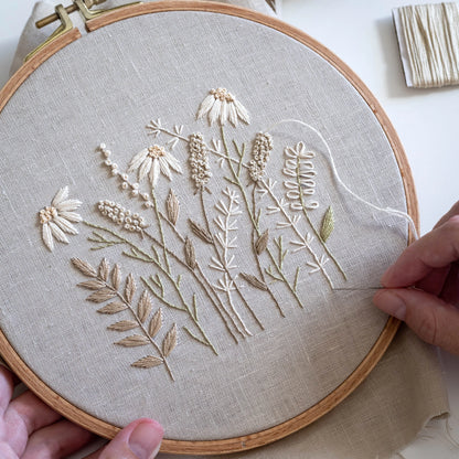 Embroidery hoop with floral design being worked on, held by a person.